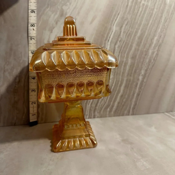 Vintage Candy Dish Iridescent Carnival Glass Lidded Pedestal Wedding Cake Box - Picture 7 of 8